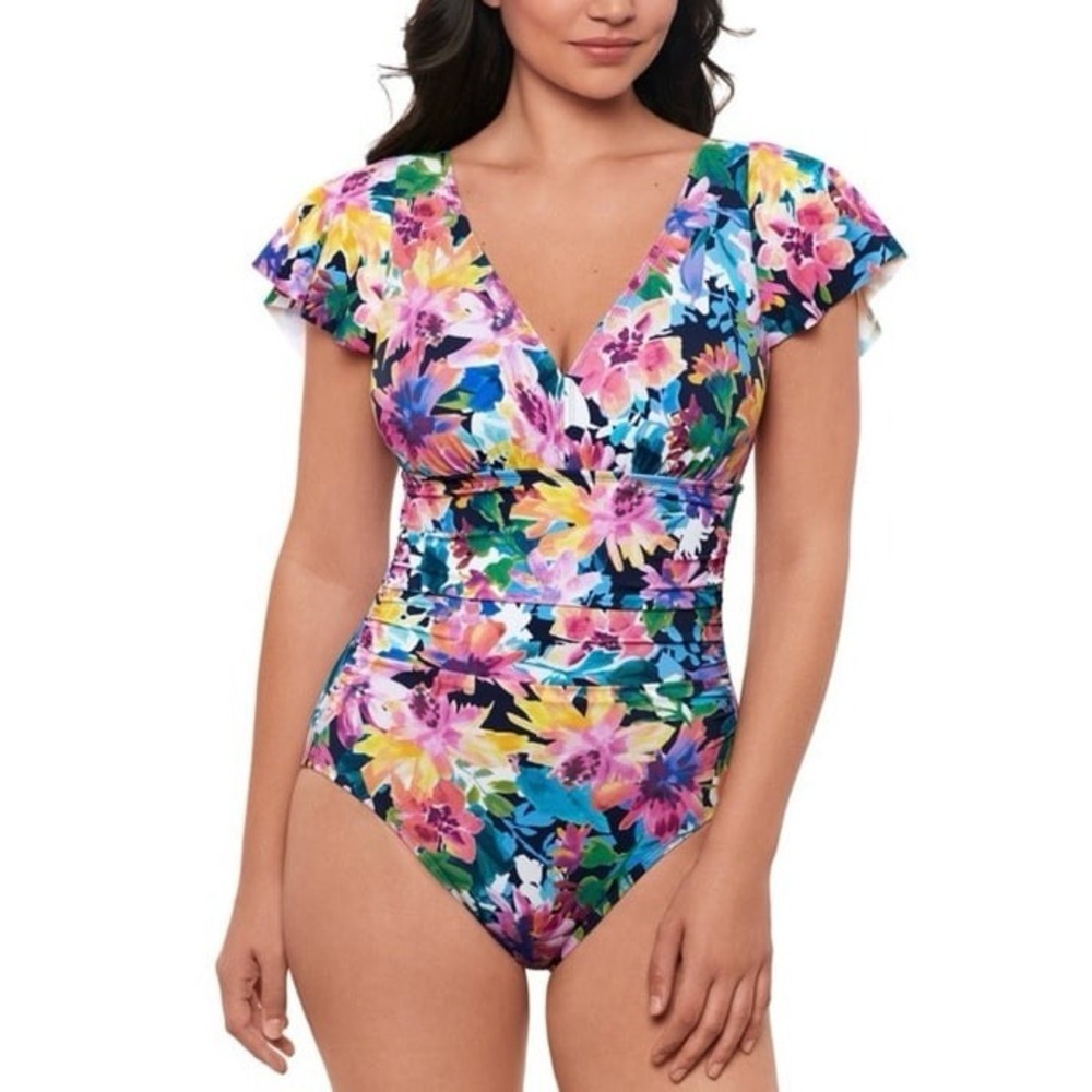 Swim‎ Solutions Garden Dreams One Piece Swimsuit Flutter Sleeve Floral 18 NWT